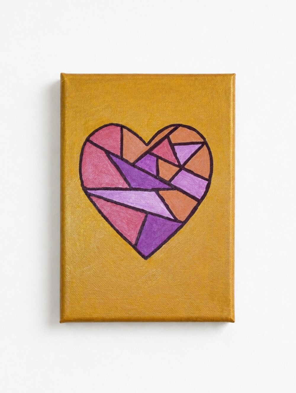 Handmade Geometric Heart Canvas Painting Gold Purple Abstract Wall Art 5x7